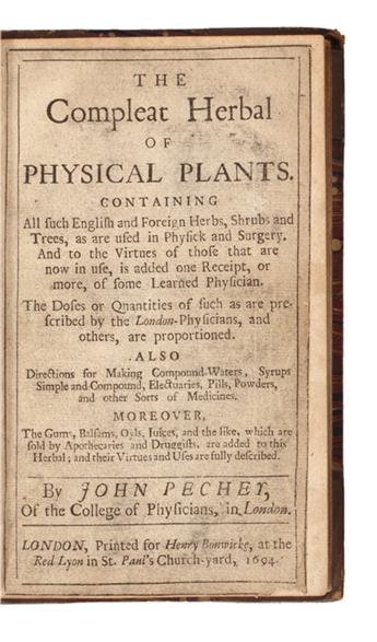 MEDICINE  PECHEY, JOHN. The Complete Herbal of Physical Plants.  1694